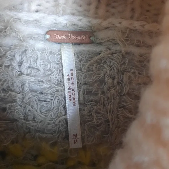 Free People Checkered Chunky Knit Turtleneck Sweater Yellow Peach Cream Medium - Picture 4 of 5